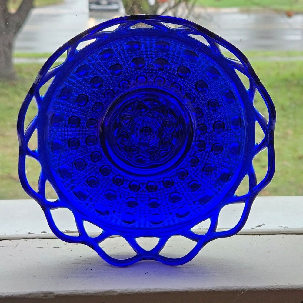 Imperial Glass Laced Edge Cobalt Blue Bowl Katy Button Cane Open Lace + Plate